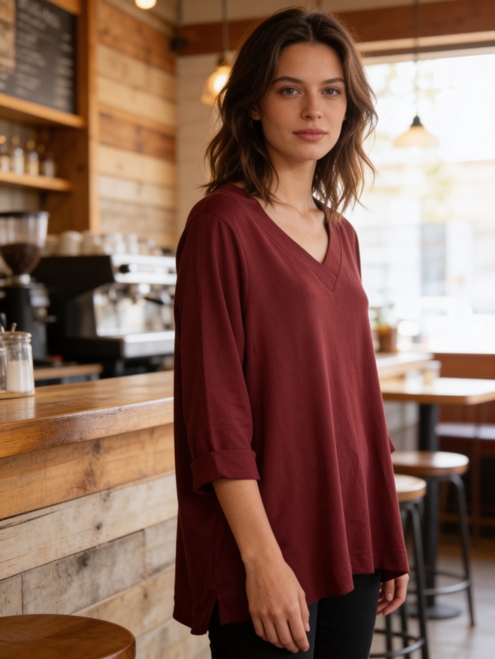 Chico’s Red Pima Cotton V-Neck Top Size 2 (L) 3/4 Sleeve Soft Basic